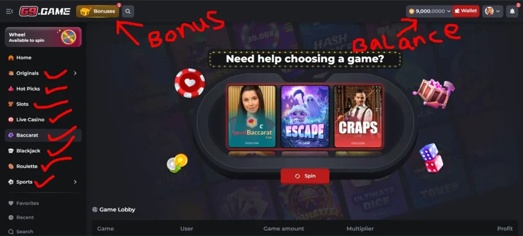 G9 Game dashboard with balance and game categories