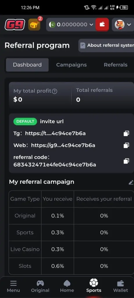 G9Game referral program screen showing invite link, refer and earn rewards, and bonus structure for new users.