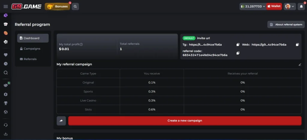Referral section showing invite link and earning status